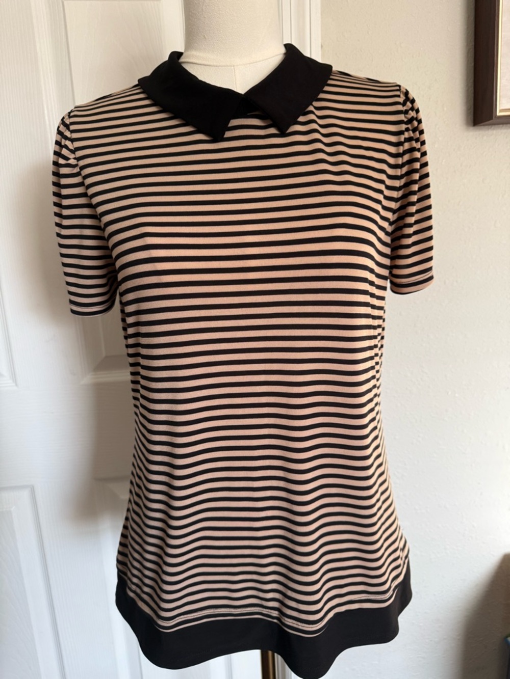 Striped Short-Sleeve Polo Top in Beige and Black